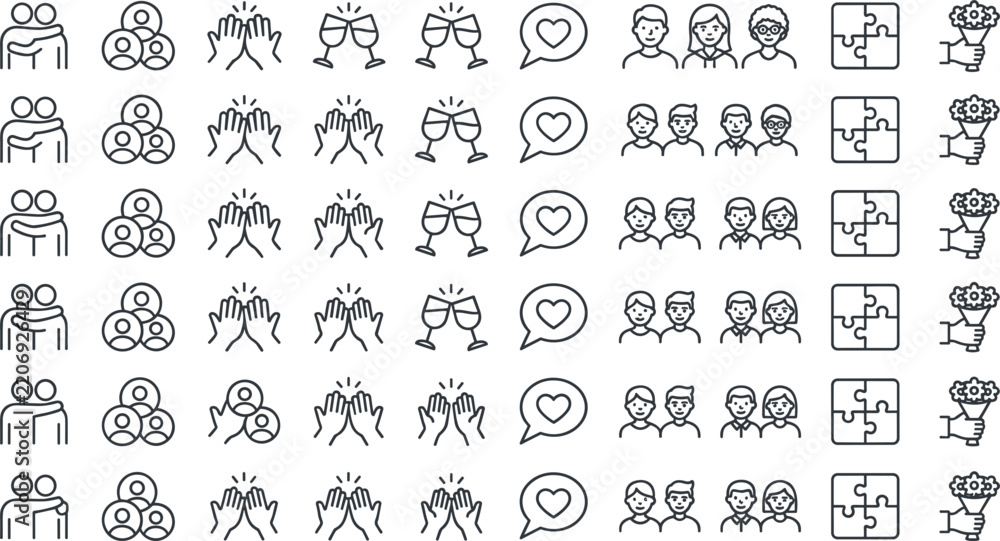 Obraz premium Friendship and Relationship Line Icon Set with Hugging High Five Toasting Glasses Puzzle and Teamwork Group Symbols