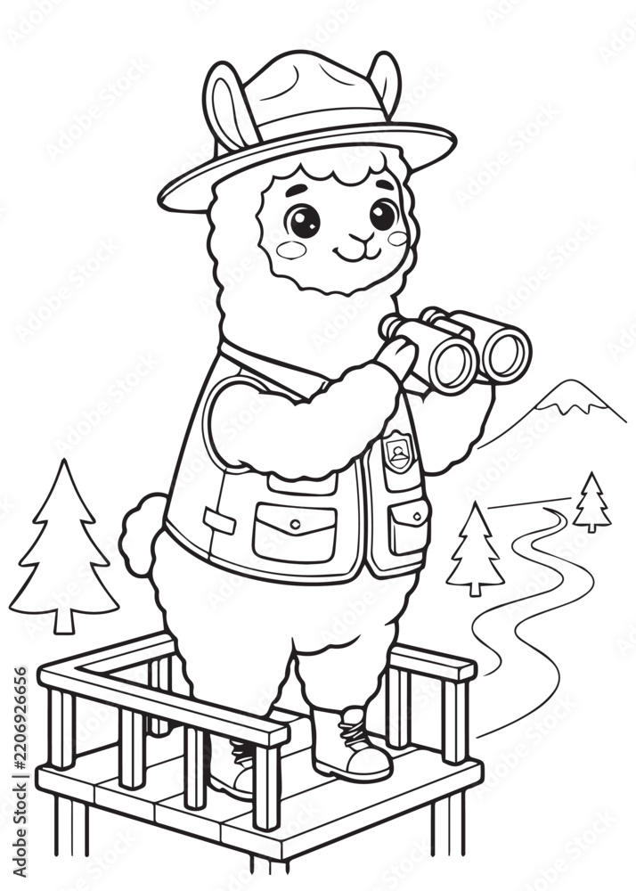 Obraz premium coloring page book adorable alpaca nature explorer using binoculars from a scenic lookout, curious outdoor adventurer observing mountains and wildlife