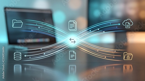 Dynamic data exchange concept featuring glowing abstract lines connecting various file folder and document icons over a blurred laptop background illustrating modern cloud synchronization