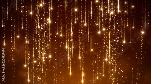 Golden glitter particles falling on dark brown background