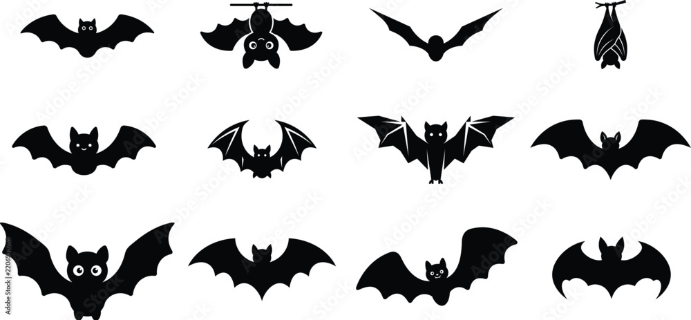 Fototapeta premium Bat vector silhouettes set, Halloween flying and hanging mammal graphic elements