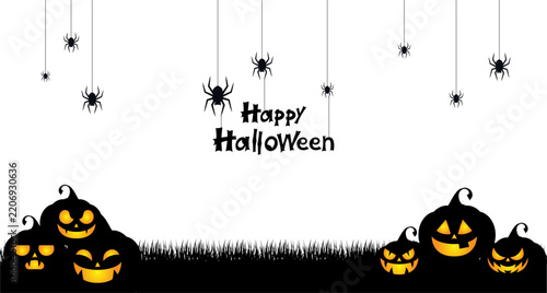 Halloween poster illustration featuring pumpkins and a spider against a white background; suitable for use as a greeting card or a Halloween party poster.