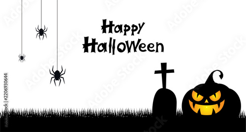 Halloween poster illustration featuring pumpkins and a spider against a white background; suitable for use as a greeting card or a Halloween party poster.