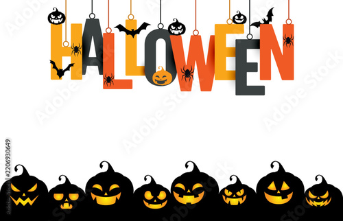 Halloween poster illustration featuring pumpkins and a spider against a white background; suitable for use as a greeting card or a Halloween party poster.