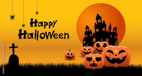 A Halloween poster illustration perfect for use as a greeting card or a party poster, featuring an orange color scheme along with a spooky castle, pumpkins, the moon, and a spider.