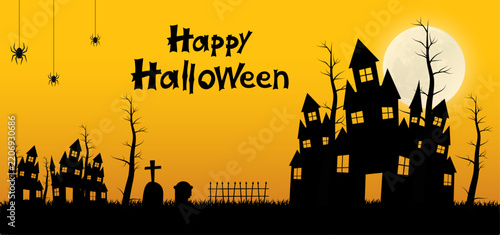 A Halloween poster illustration perfect for use as a greeting card or a party poster, featuring an orange color scheme along with a spooky castle, pumpkins, the moon, and a spider.