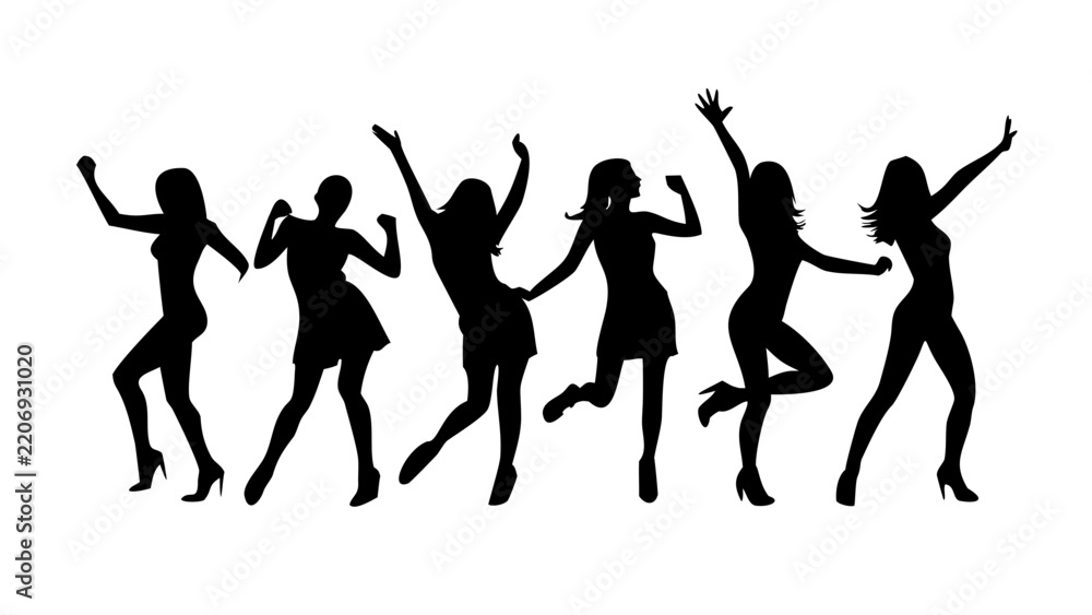 Fototapeta premium Black silhouette of a group of six happy women dancing in various poses with silhouette celebration cheering