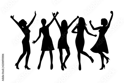 Black silhouette of a group of five diverse women dancing and celebrating together with silhouette