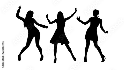 Three women dancing in silhouette isolated on white background with silhouette lifestyle celebration
