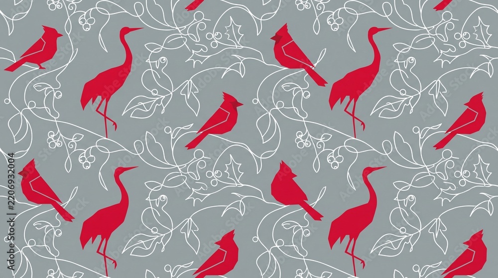Obraz premium Minimalist red bird and botanical line art seamless vector pattern