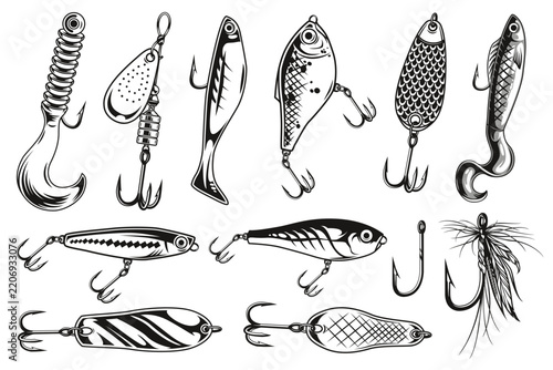 Hand-drawn fishing lures and hooks in black ink