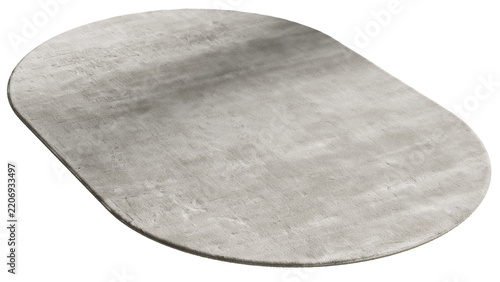 Grey viscose oval rug with handwoven construction, soft silky texture and subtle shifting tones, shown as a 3D render and visualization for elegant modern interiors.