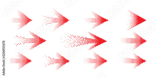 Set of red halftone arrow icons with dissolving speed effect and directional motion vector illustration.
