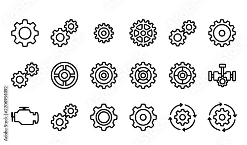 Mechanical Gear and Transmission Line Icons Set