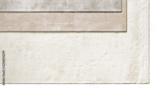 Stack of rectangular viscose rugs in different sizes and neutral shades, layered one over another with soft textures and subtle tonal variations, shown as a 3D render and visualization.