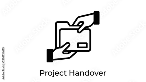 Project handover icon showing files passing between corporate business team workers in minimalist black line art vector design style