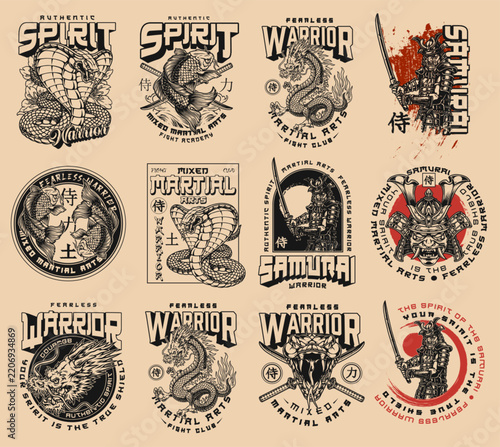 Graphic elements include dragon, samurai