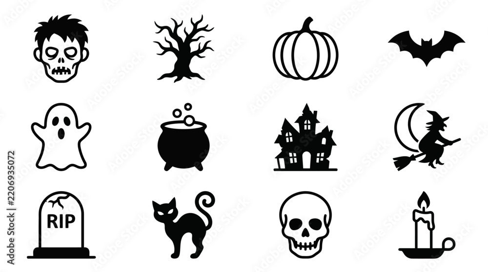 Fototapeta premium Elegant Black and White Halloween Themed Icon Set Featuring Spooky Symbols Ghosts Skulls and Classic Decorations