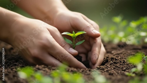 Hands Carefully Planting a Young Seedling in Fertile Soil.