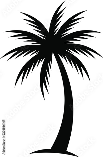 Elegant black silhouette of a tall palm tree isolated on a clean white background for tropical designs