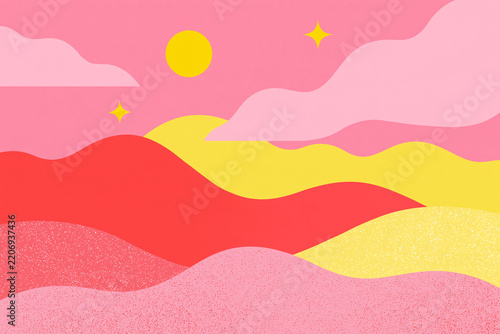 Abstract layered landscape illustration with pink and yellow hills