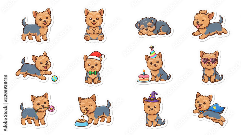 Obraz premium Yorkshire Terrier Yorkie Vector Clipart Bundle, 12 Cute Character Poses Sheet Isolated on Transparent Background PNG