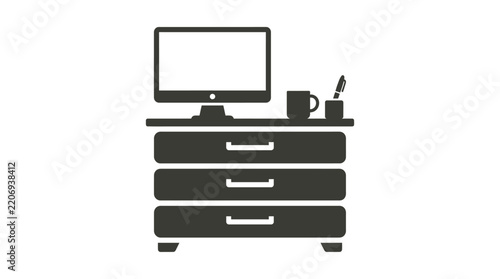 Minimalist Flat Vector Illustration of a Modern Home Office Workstation Desk Featuring Computer Monitor Coffee Mug and Stationery Supplies