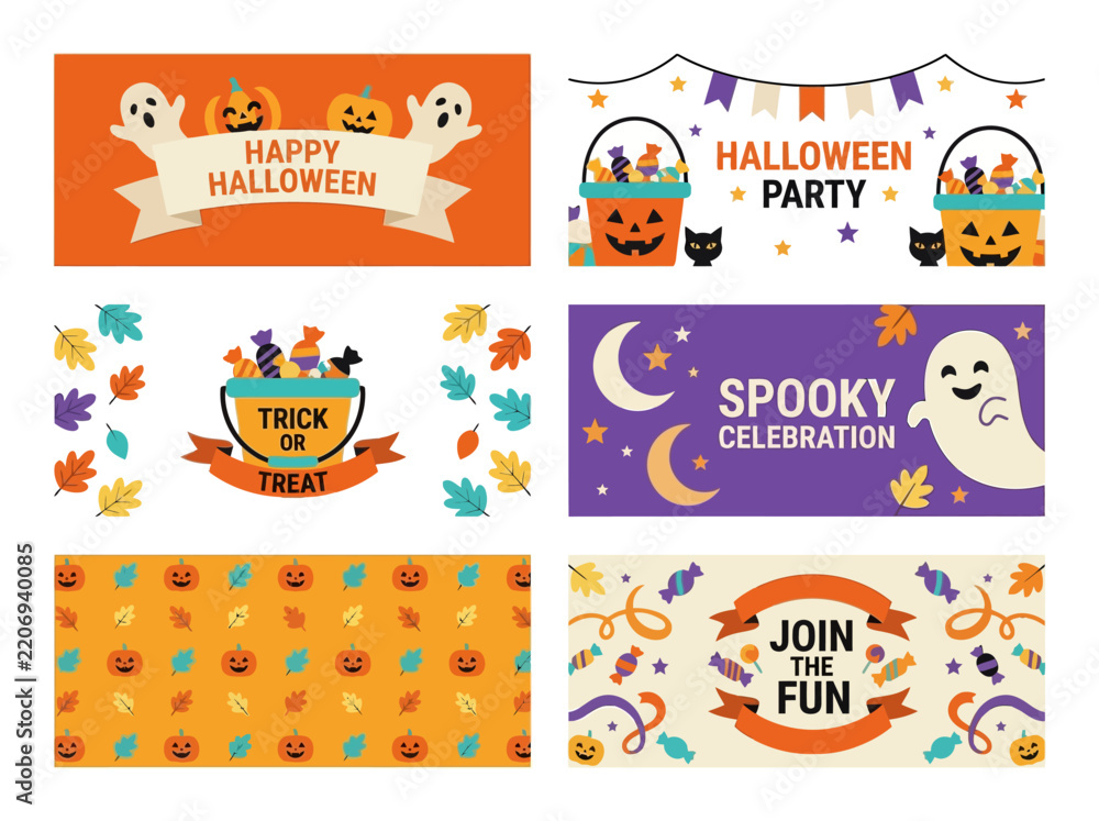 Fototapeta premium Spooky Halloween social media banner set featuring cute cartoon ghosts, pumpkins, and candies vector illustration