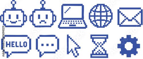 Retro pixel tech and UI icons vector set line elements