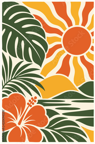 Retro tropical hibiscus flower and sunburst landscape vector illustration
