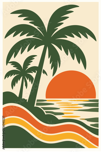 Retro tropical palm tree sunset landscape vector illustration