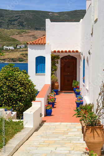 Traditional Greek architecture of Chora, the capital of Andros island. Cyclades, Greece