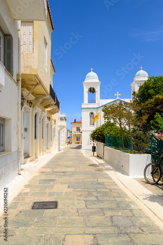 Street in Chora, the capital of Andros island. Cyclades, Greece