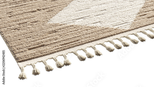 Beige polypropylene rug with stacked diamond high-low texture and long tassel fringe, shown as a 3D render and visualization for modern and bohemian interiors.