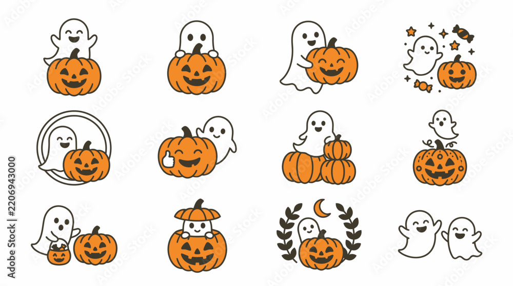 Obraz premium Elegant Halloween Set Whimsical Ghosts and Jack O Lanterns in Minimalist Orange and White Line Art