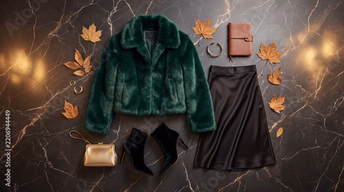 Elegant autumn evening look flat lay: cropped faux-fur jacket in deep emerald green, black satin midi skirt, pointed velvet ankle boots, and a clutch bag
