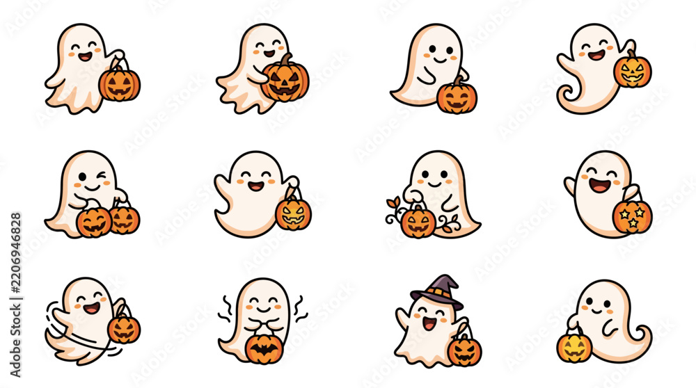 Fototapeta premium Elegant Halloween Themed Ghost Characters Holding Colorful Mini Pumpkins and Jack O Lanterns in Whimsical Style
