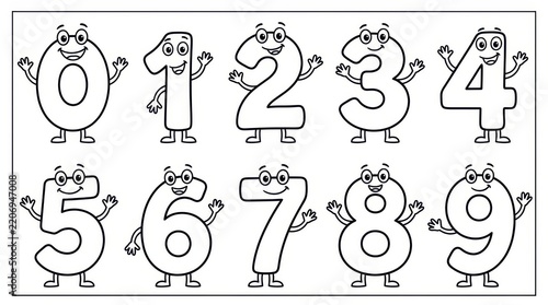 Cute cartoon numbers zero to nine coloring page isolated on white background