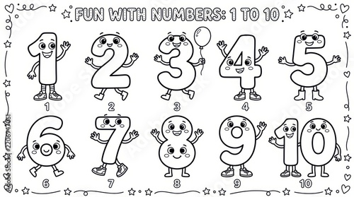 Fun with numbers 1 to 10 coloring page for children featuring cute anthropomorphic number characters, isolated on white background
