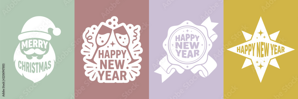 Obraz premium Happy New Year Champagne and Santa Typography Holiday Greeting Design