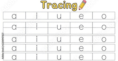 Tracing worksheet for children featuring lowercase vowels a, i, u, e, o