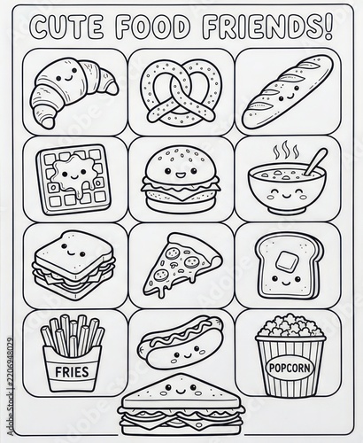 Cute food friends coloring page for kids isolated on white background