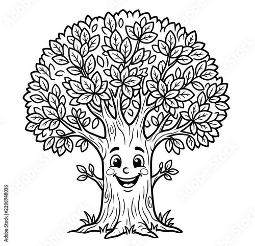 Happy cartoon tree character coloring page isolated on white background