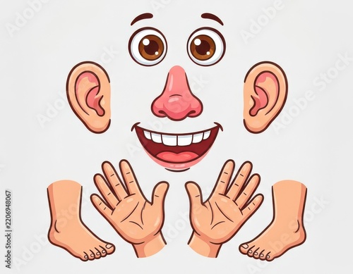 Cartoon facial features and body parts isolated on white background