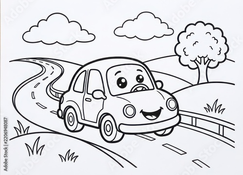 Cute cartoon car driving on a road