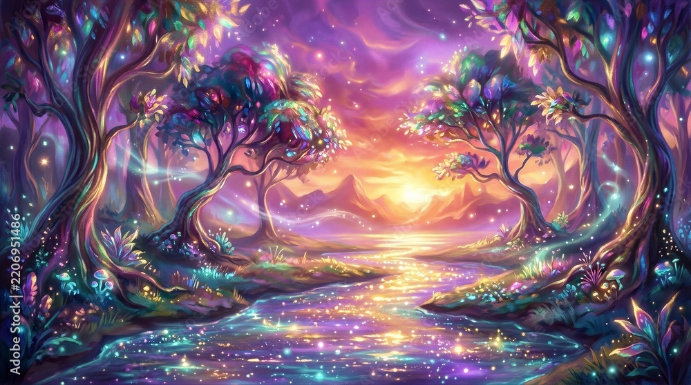 Obraz premium Mystical forest glows with violet and gold light. Trees twist upward, draped in luminescent leaves. River reflects the sky's radiant hues. Faint sparkles drift across the water's surface
