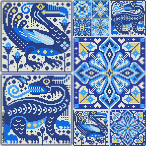 Pixel Art Blue and White Folk Pattern Scandinavian Tile Style