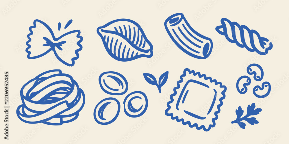 Fototapeta premium Italian Pasta Shapes Hand Drawn Doodle Set