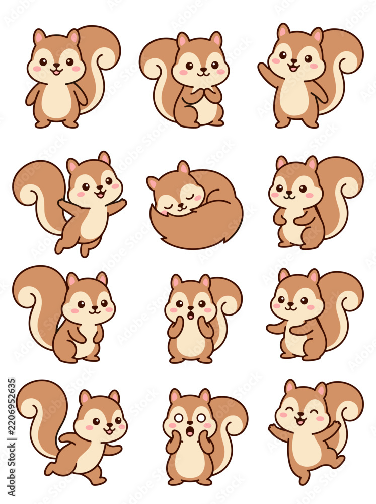 Obraz premium Brown squirrel characters showing various emotions in a cute flat vector illustration collection designed for children and playful graphic projects