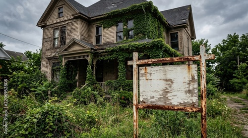 Abandoned house overgrown with vines featuring a blank rusty sign and copy space